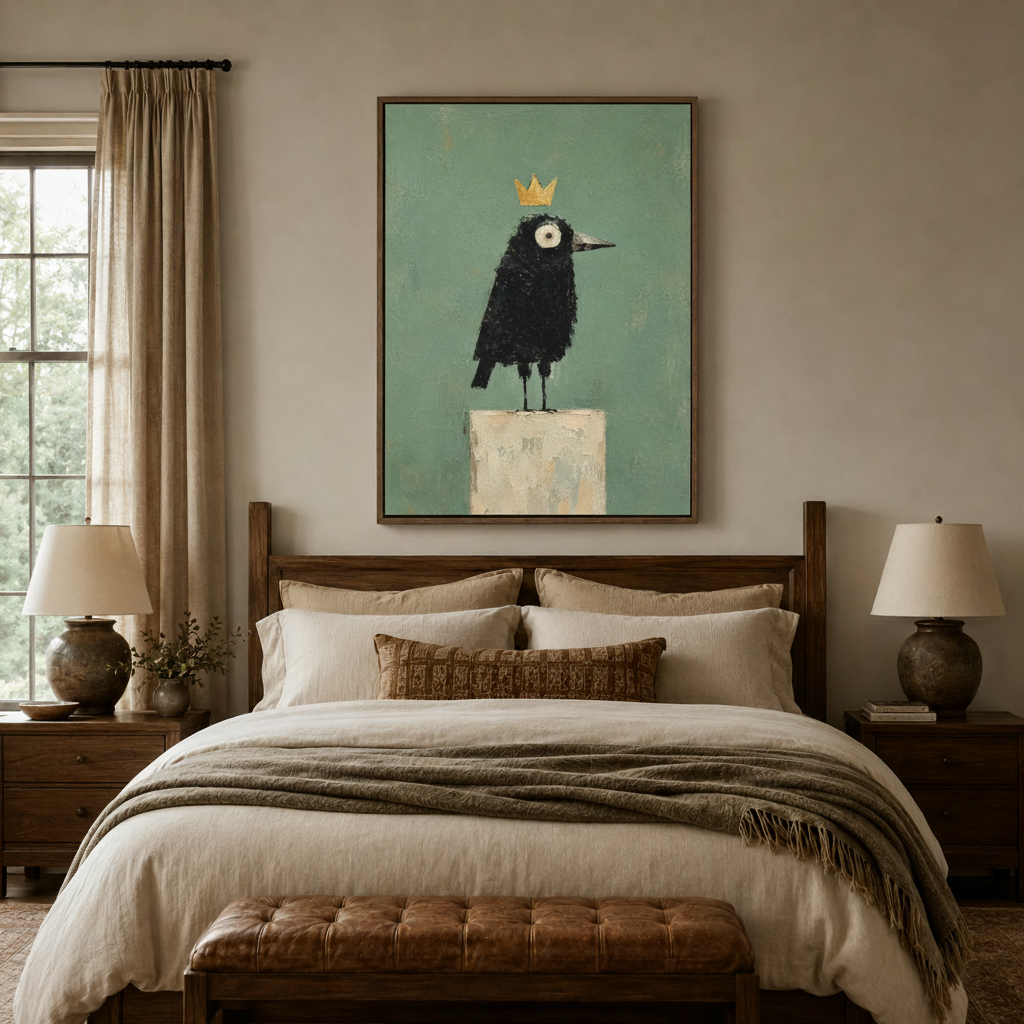 Large framed canvas of crowned black bird above bed in cozy bedroom interior setting