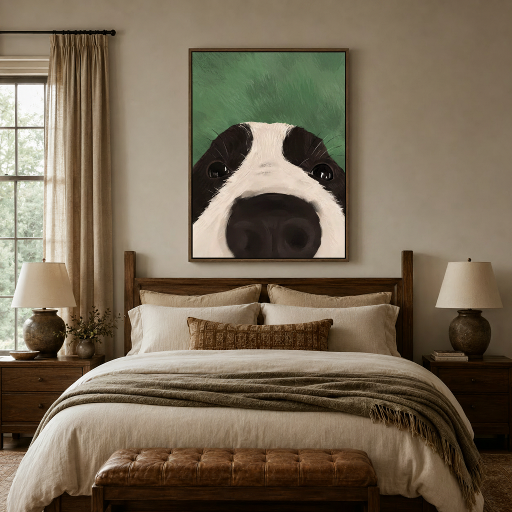 Border Collie wall art above bed in neutral bedroom with warm ambient lighting