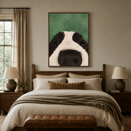 Border Collie wall art above bed in neutral bedroom with warm ambient lighting