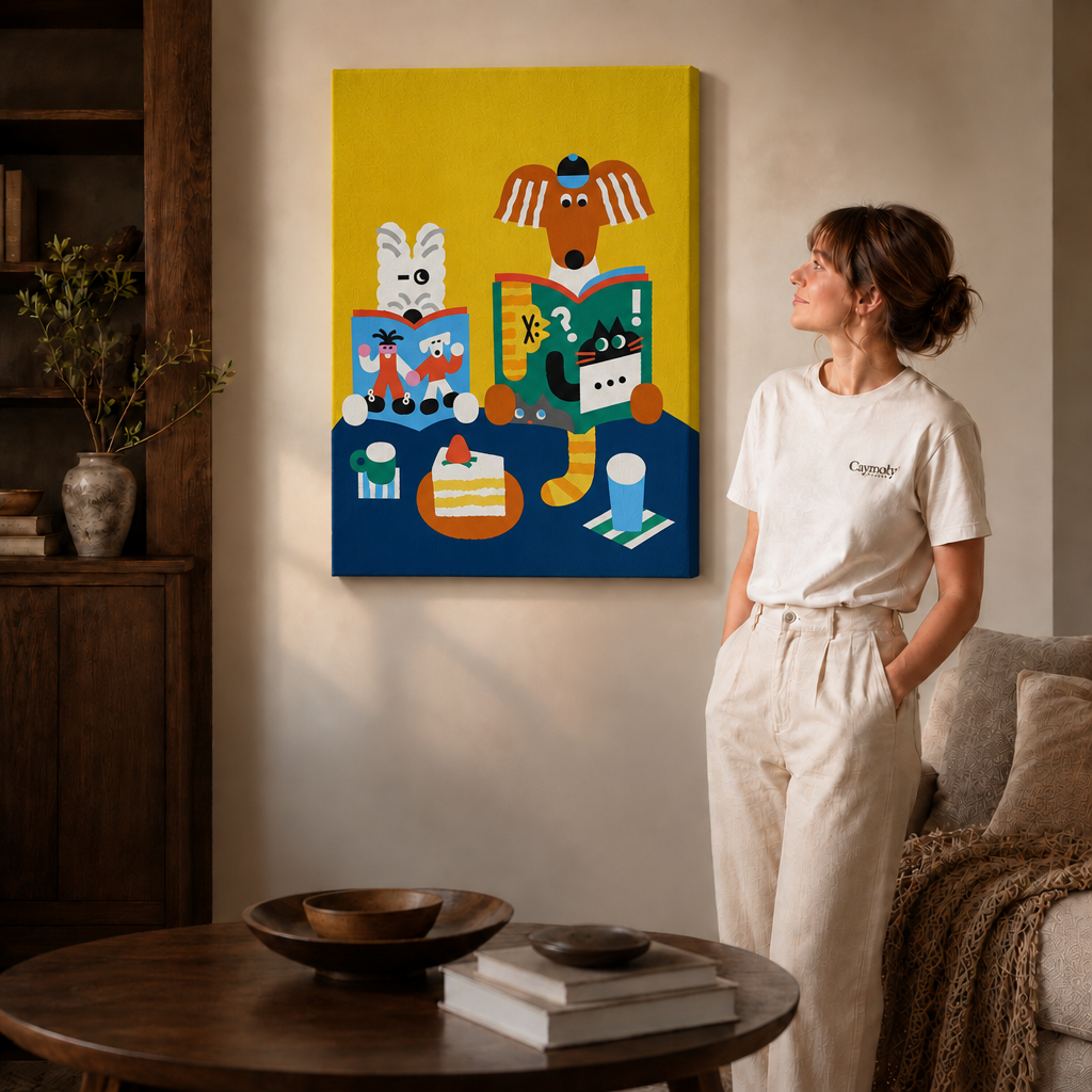 Gallery-wrapped canvas showing animals reading around a blue table beside a woman in white.