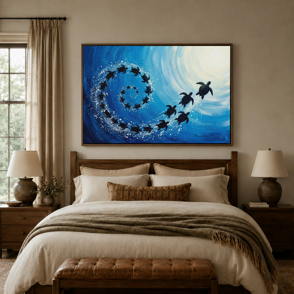 Framed sea turtle canvas wall art centered above bed headboard in a warm neutral bedroom setting