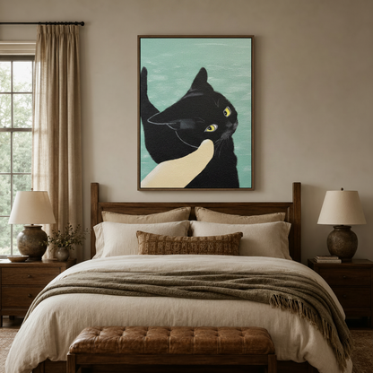 Funny black cat wall art in painterly folk style displayed above bed in cozy farmhouse bedroom