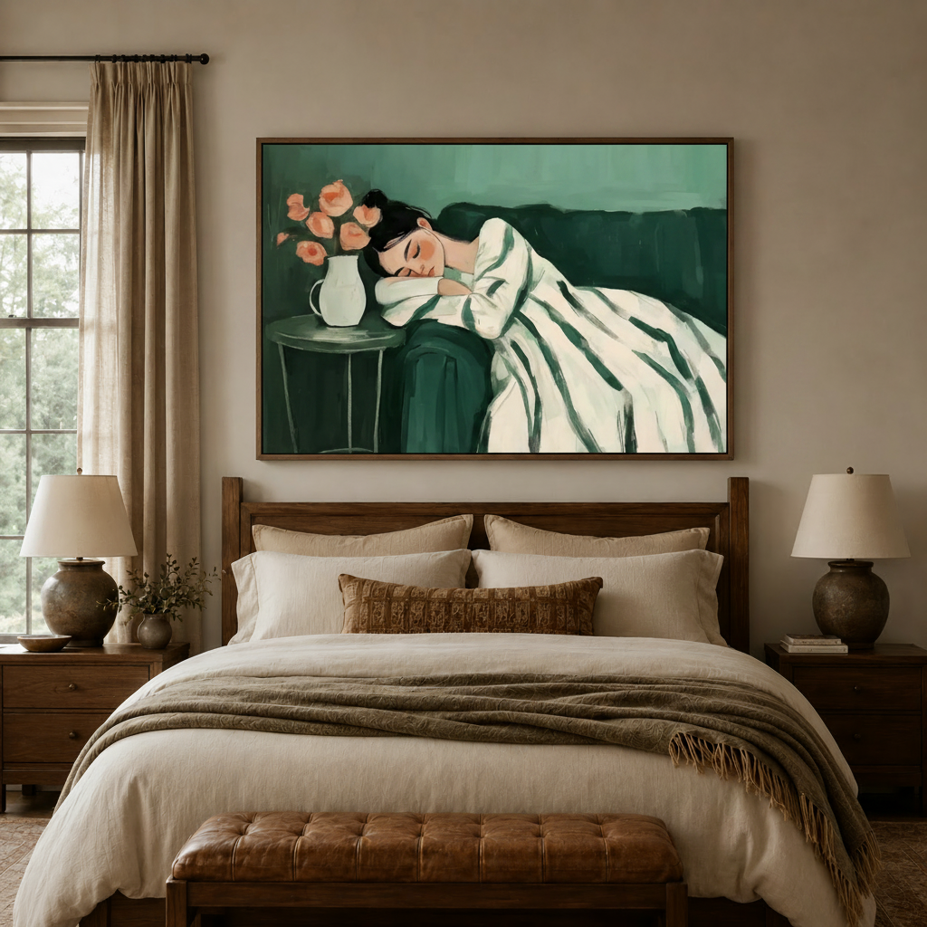 Minimalist sleeping woman canvas wall art above bed headboard in cozy warm-toned bedroom