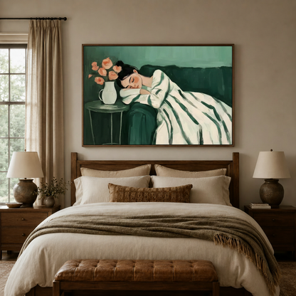 Minimalist sleeping woman canvas wall art above bed headboard in cozy warm-toned bedroom