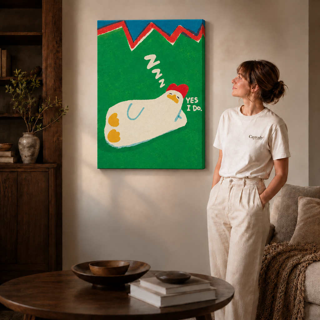 Gallery-wrapped canvas showing a reclining white chicken on green beside a woman in white.