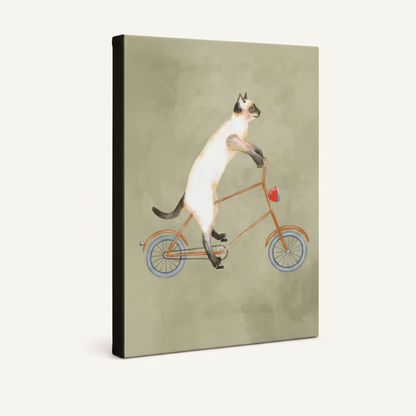Gallery-wrap canvas of Siamese cat on vintage bicycle shown at left-facing angle with dark espresso sides