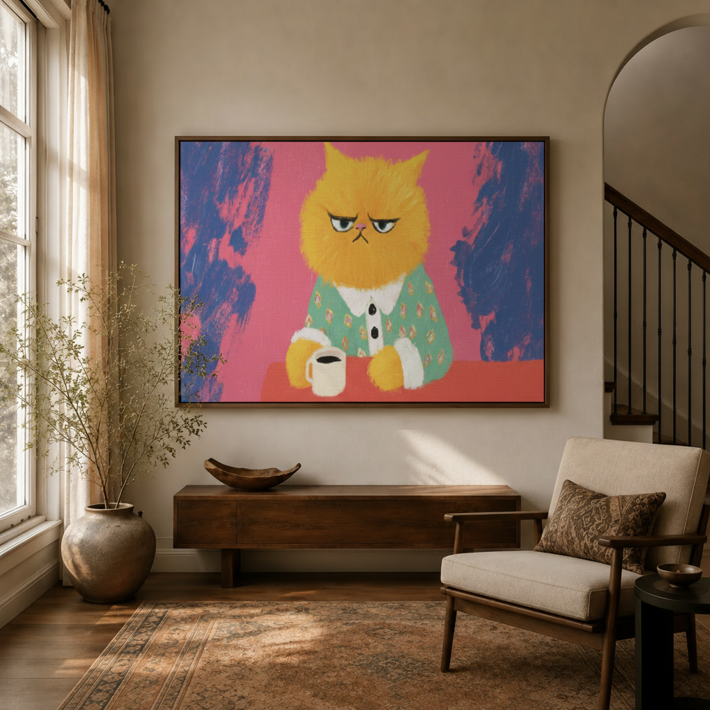 Grumpy cat canvas art hung above console in warm neutral living room with staircase and arched doorway
