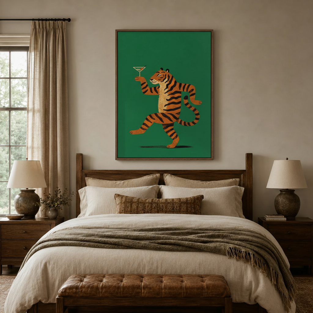 Fun retro animal wall art above a wood bed frame in a cozy earthy-toned bedroom