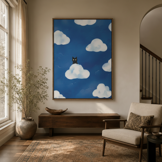 Whimsical black cat on cloud canvas wall art in dark walnut float frame above entryway console with dried branches