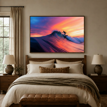 Cinematic surfer sunset wall art centered above bed headboard in coastal bedroom