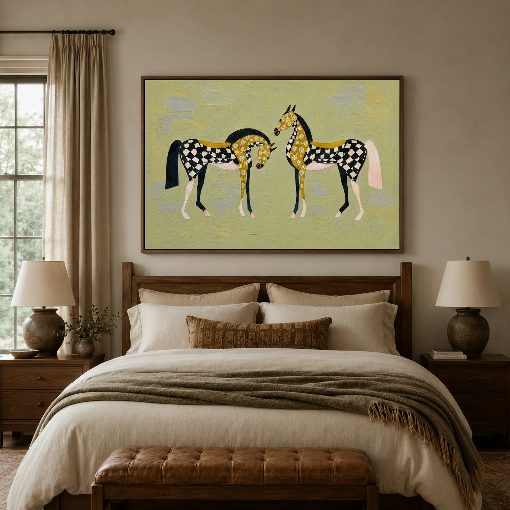 Folk art floral horse canvas print above bed headboard in cozy warm-toned bedroom with float frame