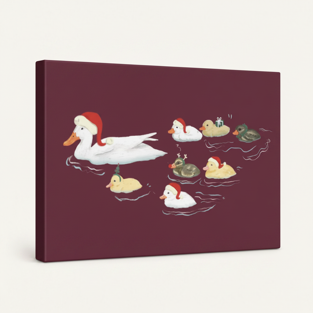Gallery wrapped Christmas duck family canvas side view deep burgundy wrap edges visible no frame