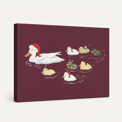 Gallery wrapped Christmas duck family canvas side view deep burgundy wrap edges visible no frame