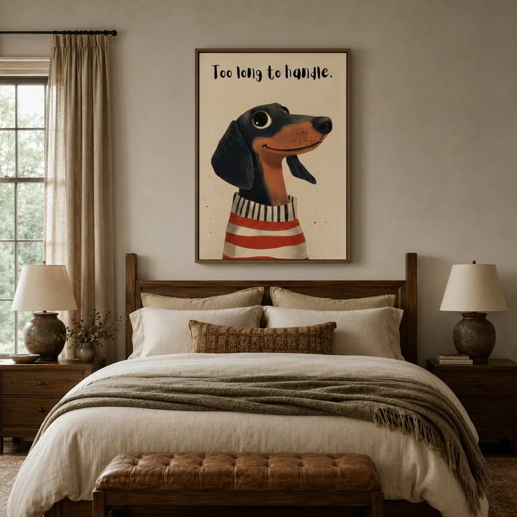 Too long to handle dachshund art in floating frame above dark walnut bed headboard