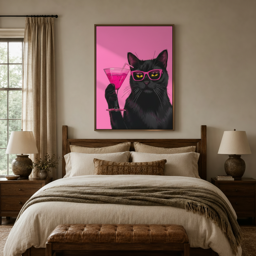 Pop art black cat canvas wall art in walnut frame displayed in cozy bedroom above wooden bed