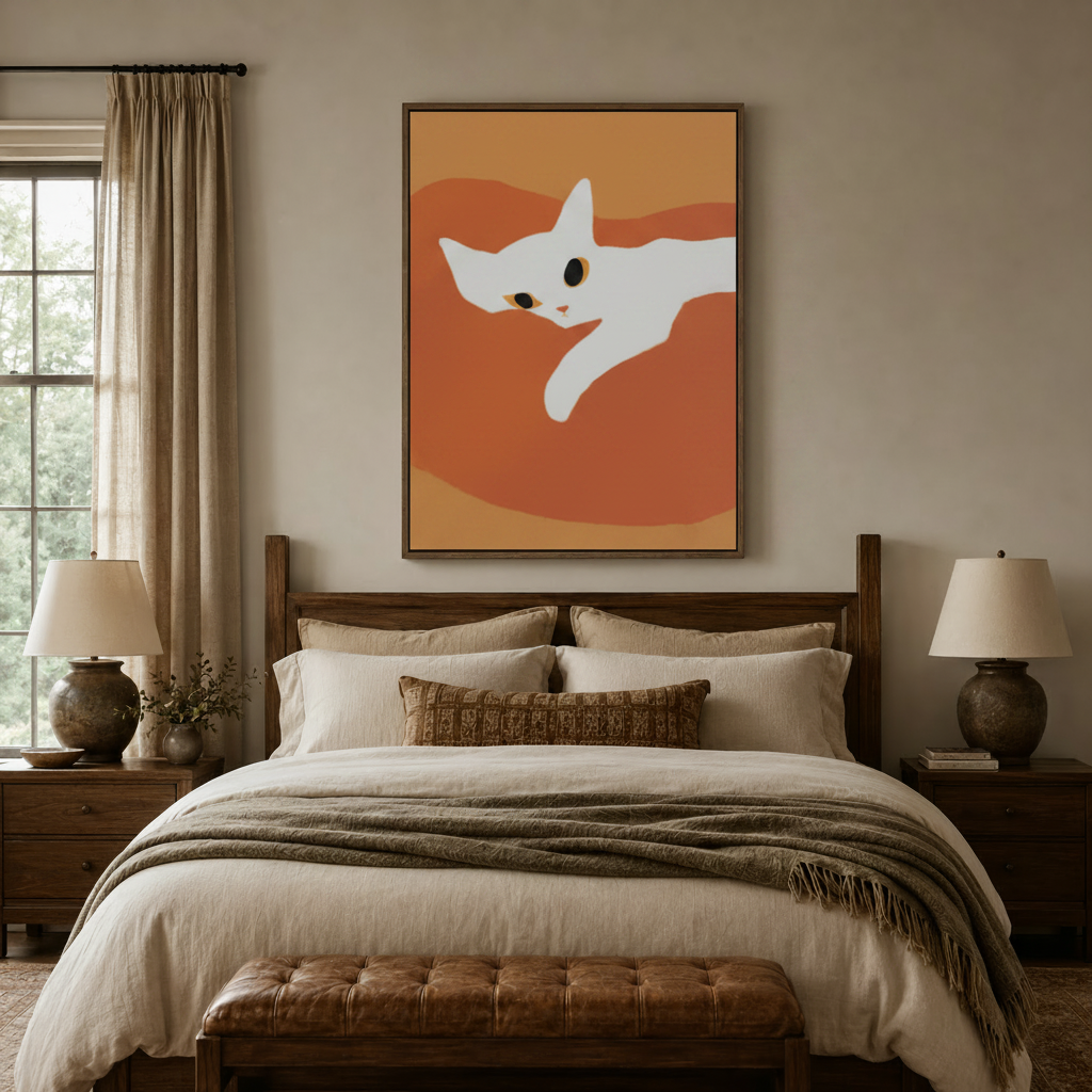 White cat terracotta orange minimalist canvas art in dark walnut frame above linen bed in cozy bedroom