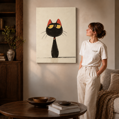 Framed whimsical cat canvas art displayed above a round wood table in a cozy living space.