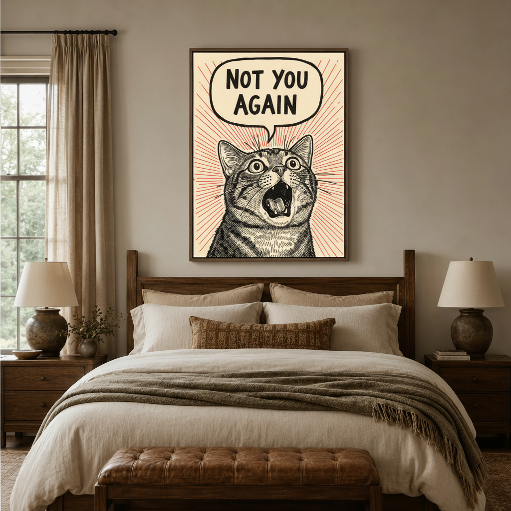 Humorous cat canvas print above bed in cozy bedroom, vintage illustration wall art