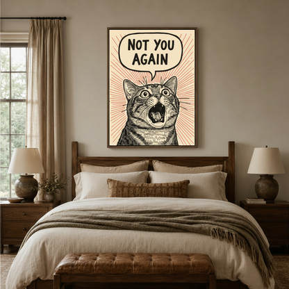 Humorous cat canvas print above bed in cozy bedroom, vintage illustration wall art