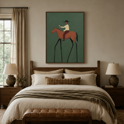 Cowboy on horse folk art print in walnut frame above linen bed in a cozy warm-toned bedroom