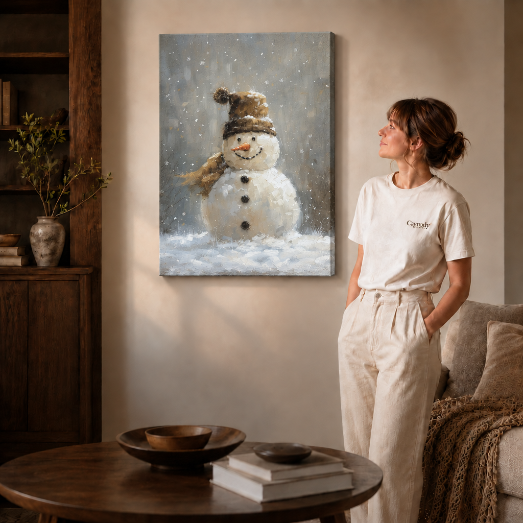 Gallery-wrapped winter canvas showing a brown-hatted snowman beside a woman in white.