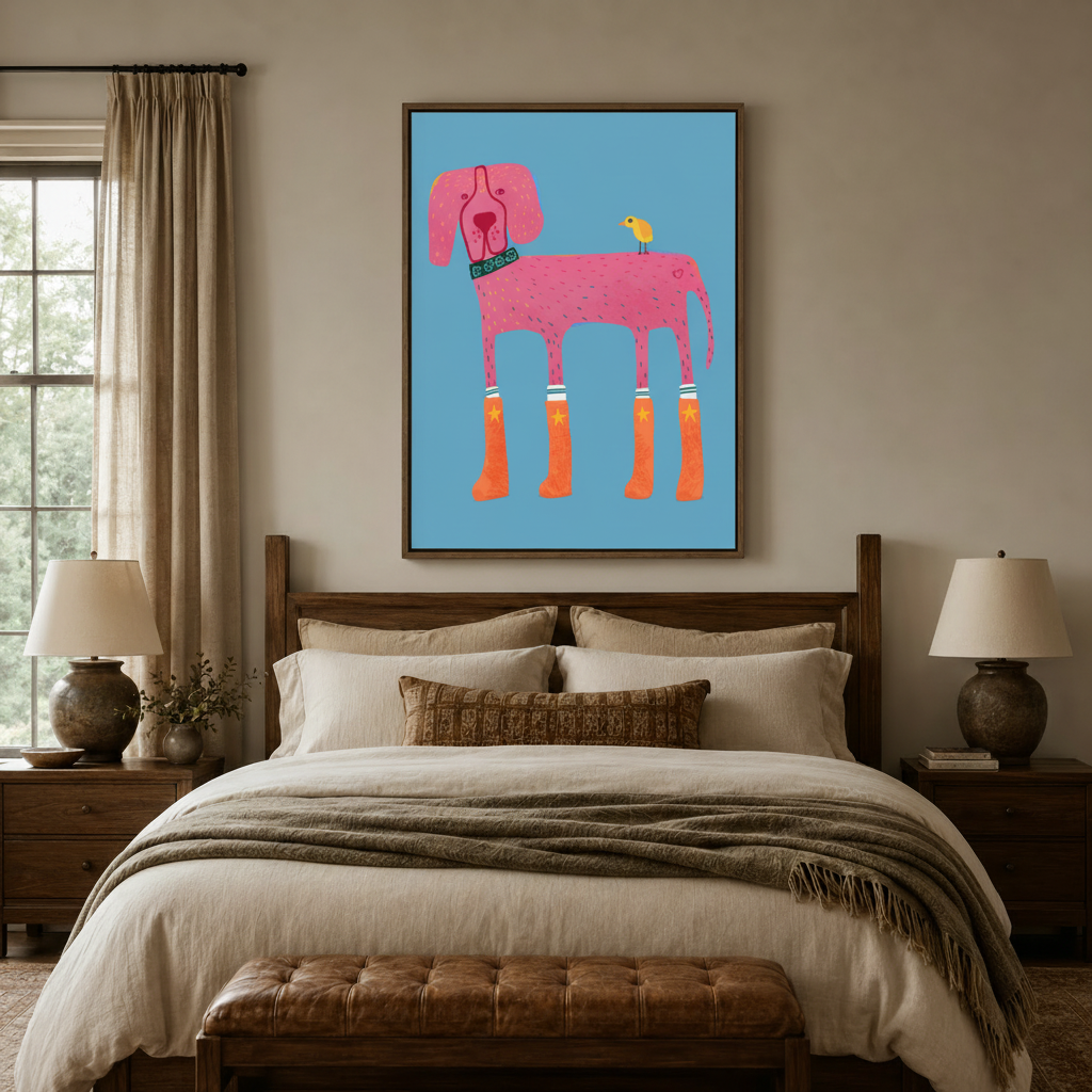 Whimsical animal wall art canvas in natural wood float frame hanging above bed in a cozy neutral bedroom