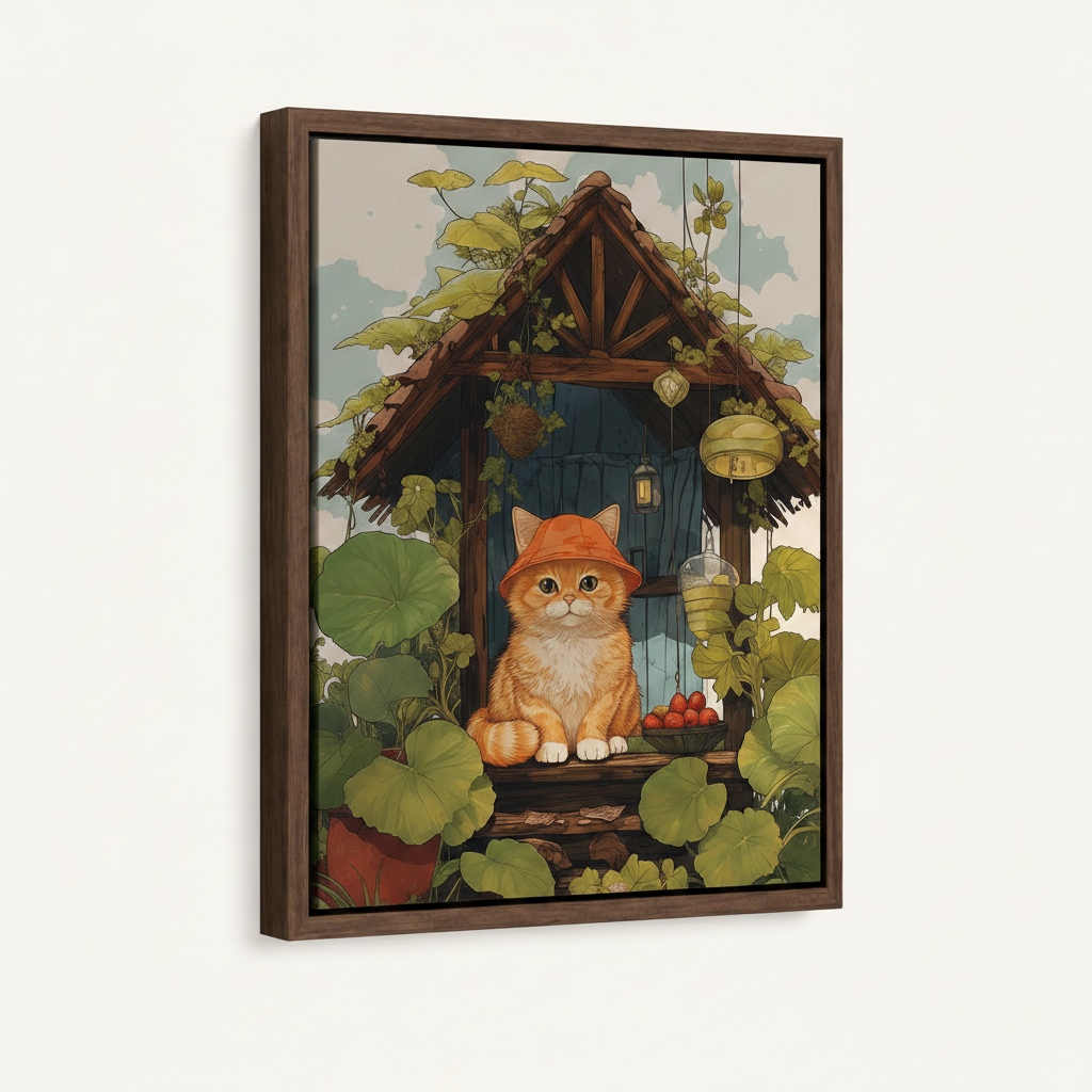  Framed whimsical cat in bucket hat cottage wall art in dark walnut float frame, angled view