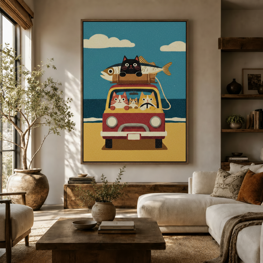 Retro cats road trip canvas wall art hung above white sofa in warm boho living room with natural light