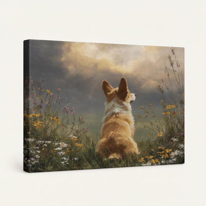 Gallery wrapped corgi meadow canvas side view showing dark wrap edges and artwork continuation