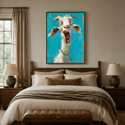 Humorous white goat canvas print hanging above dark wood bed frame in cozy bedroom