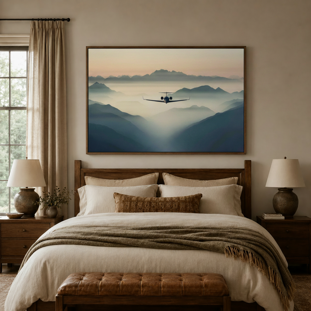 Cinematic drone wall art centered above bed in warm-toned bedroom with linen bedding