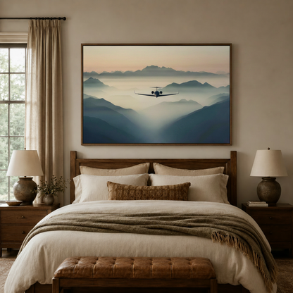 Cinematic drone wall art centered above bed in warm-toned bedroom with linen bedding