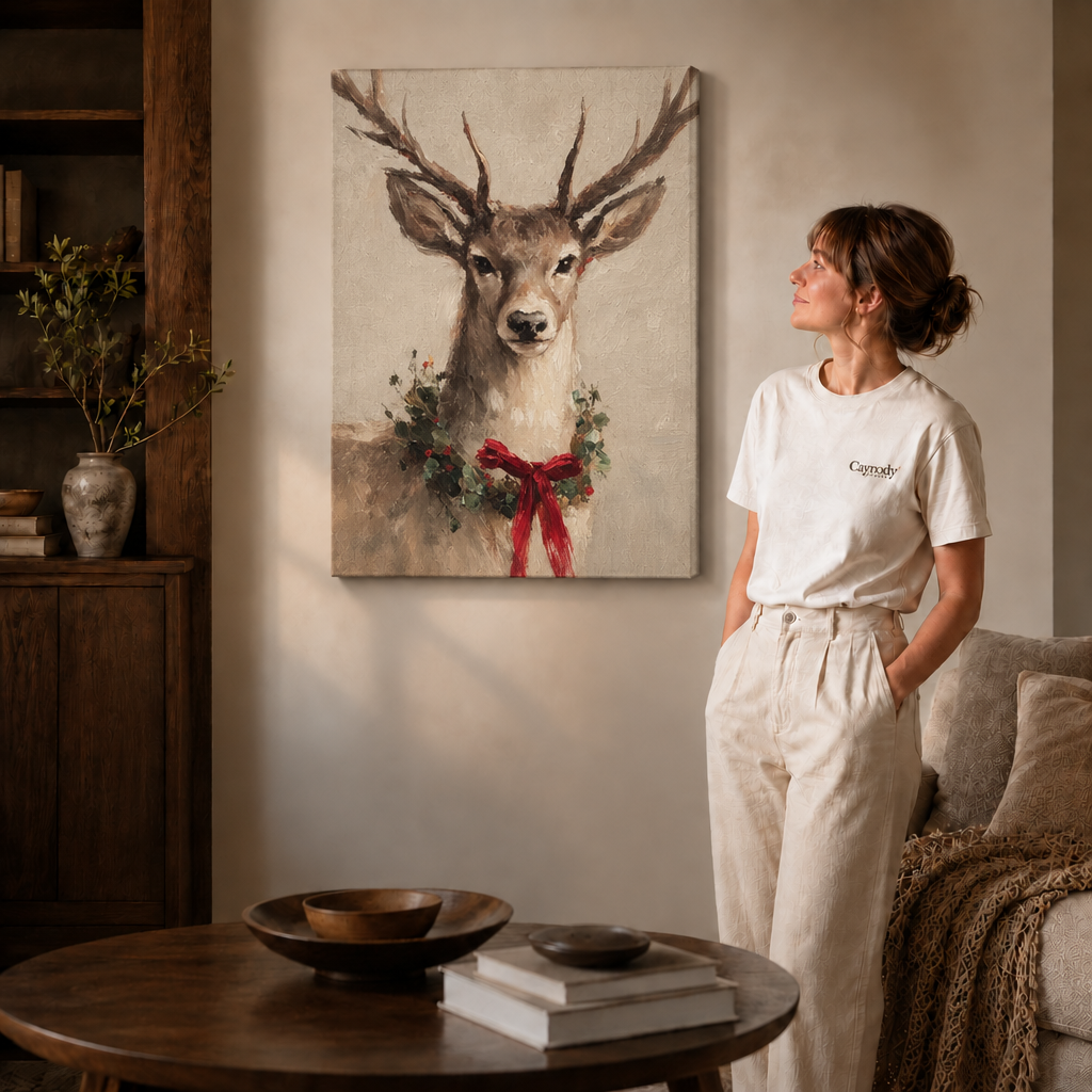 Gallery-wrapped deer portrait with greenery and red berries beside a woman in white.
