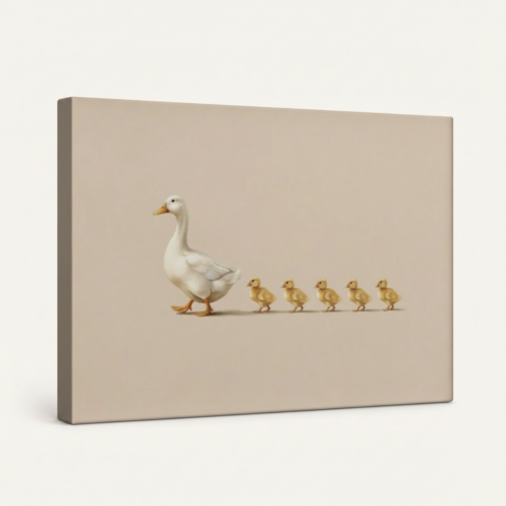 Gallery wrapped goose ducklings canvas side view showing dark wrap edges and warm beige artwork