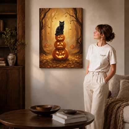Unframed black cat Halloween canvas art displayed beside a woman in a cozy neutral interior.