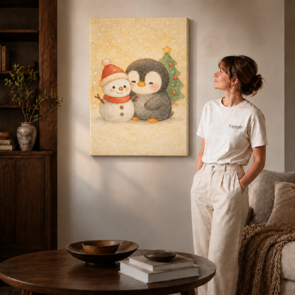 Gallery-wrapped penguin and snowman canvas with a Christmas tree beside a woman in white.