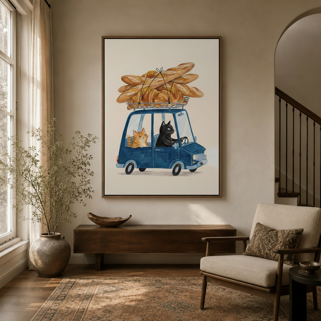 Framed cat bread delivery watercolor canvas hanging in warm entryway hallway with natural light