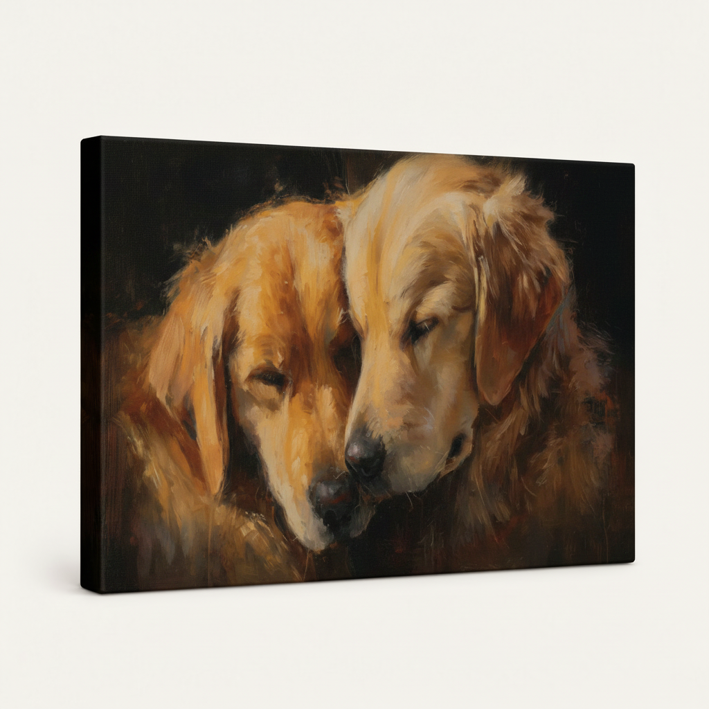 Gallery wrapped golden retriever duo canvas side view showing dark wrap edges no frame