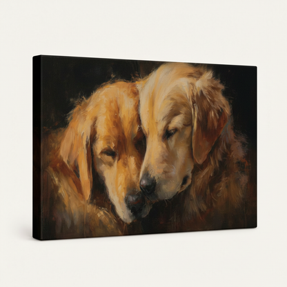 Gallery wrapped golden retriever duo canvas side view showing dark wrap edges no frame