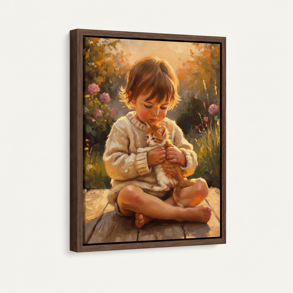Child holding orange kitten impressionist canvas in dark walnut float frame, portrait orientation on white background