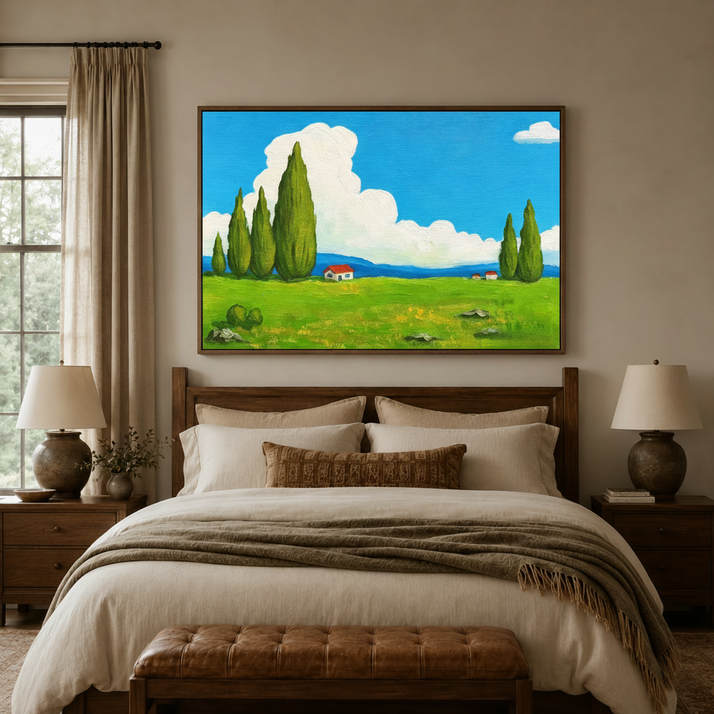 Italian countryside landscape oil painting canvas above a wooden bed headboard in a warm neutral bedroom