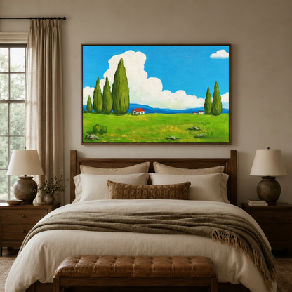 Italian countryside landscape oil painting canvas above a wooden bed headboard in a warm neutral bedroom