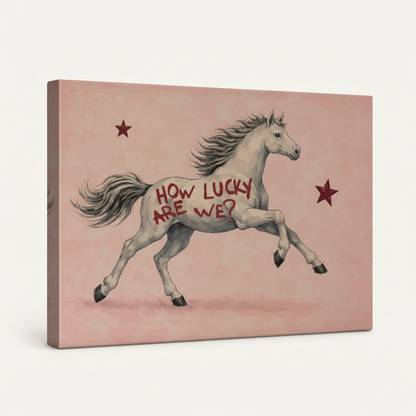 Gallery wrapped white horse vintage canvas side view showing dark wrap edges and dusty pink background continuation