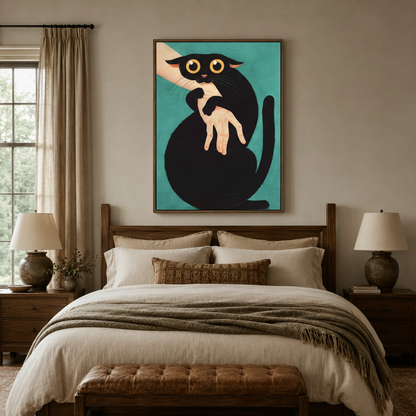 Funny black cat canvas print in walnut float frame above a linen bed in a warm neutral bedroom