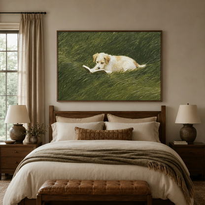 Puppy reading realist oil painting canvas centered above bed in cozy warm-toned bedroom