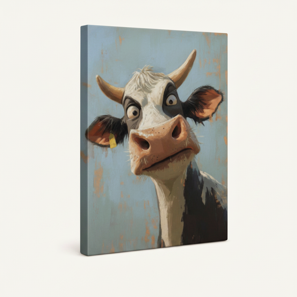 Funny Holstein cow caricature gallery wrap canvas side view showing depth and blue-gray wrapped edges on cream background