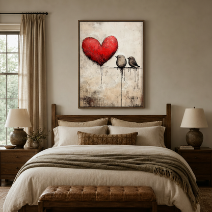 Love birds red heart canvas wall art above wooden bed in cozy neutral bedroom