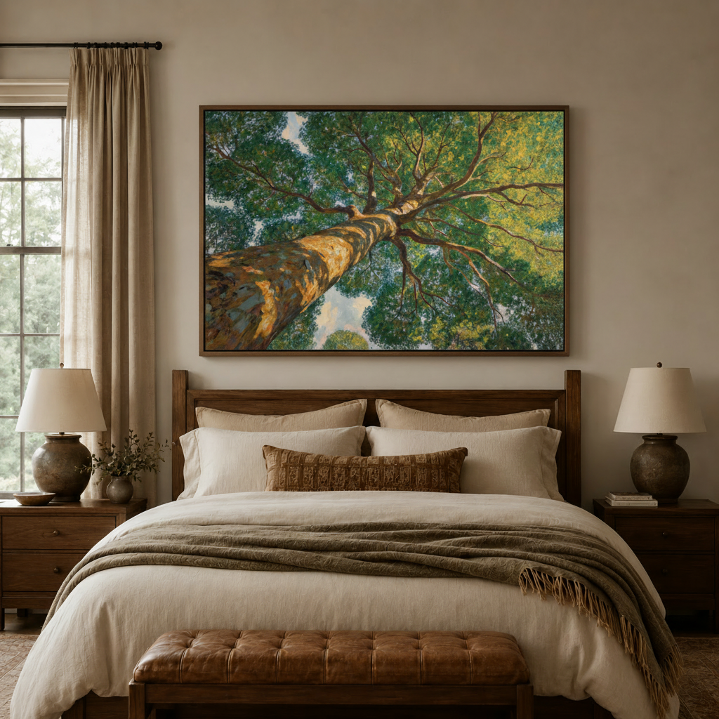 Looking up through tree canopy canvas wall art displayed above walnut bed frame in cozy bedroom interio