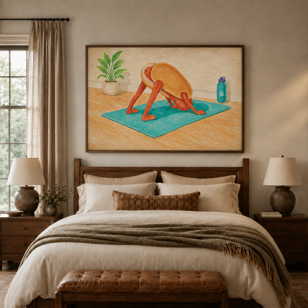 Funny hot dog yoga canvas print in a walnut frame above a bed in a cozy neutral bedroom.