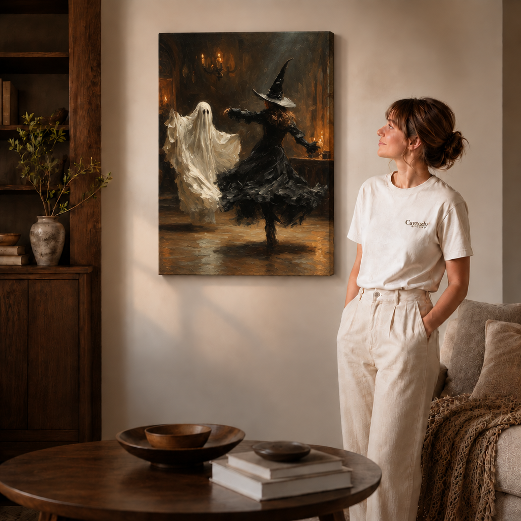 Dramatic dancing witch and ghost canvas displayed in a contemporary living room.